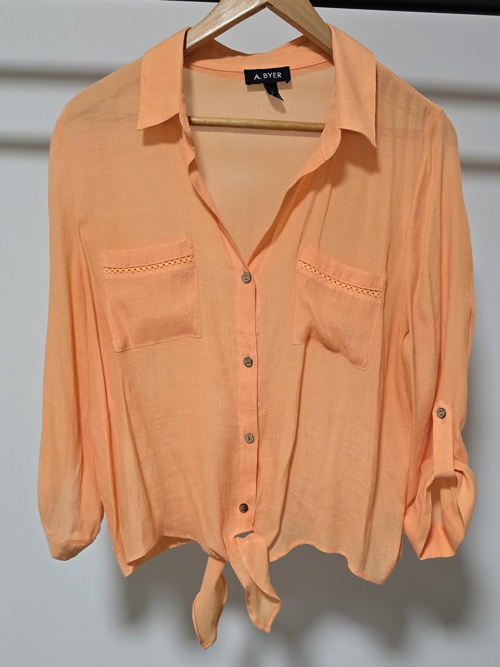 A. Byer Peach Button-Up Tie-Hem Blouse